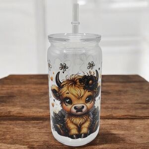 Cute Cow Design Tumbler with Acrylic Lid & Reusable Straw